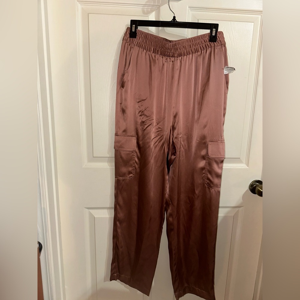 Nicole Miller Silk Cargo Wide-Leg Pants copper rose gold NWT  L office business